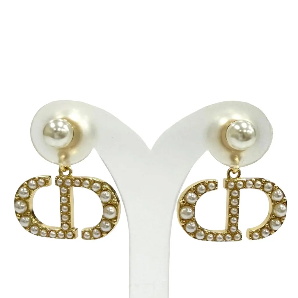 Dior Gold Plated Faux Pearl Tribales Push Back Earrings Gold Metal Very good - Front View
