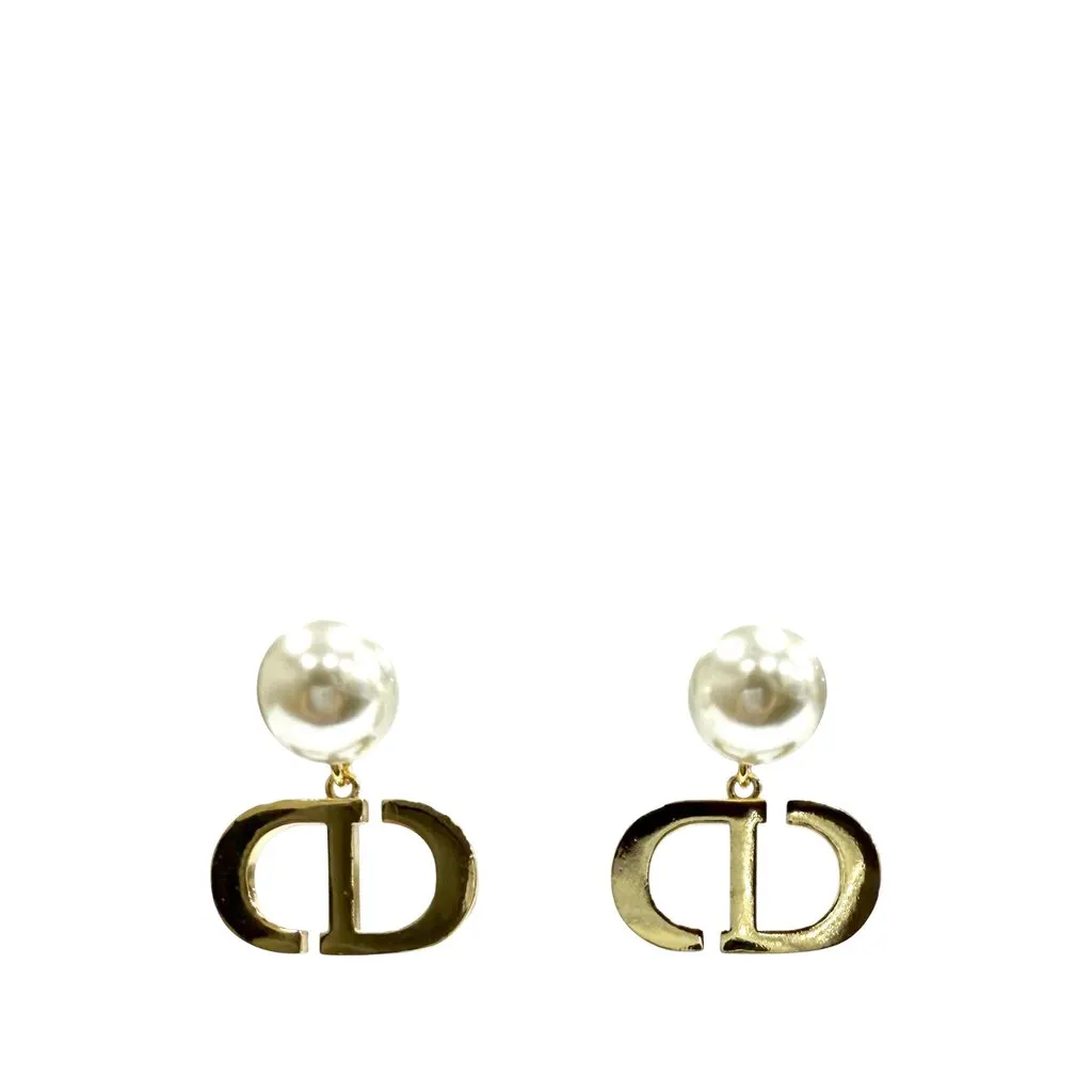 Dior Gold Plated Faux Pearl Tribales Push Back Earrings Gold Metal Very good - Back View