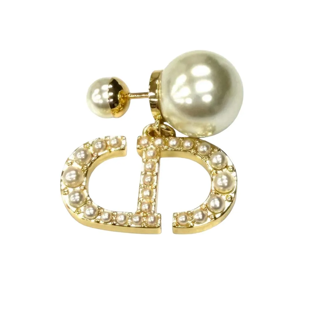 Dior Gold Plated Faux Pearl Tribales Push Back Earrings Gold Metal Very good - Inside View
