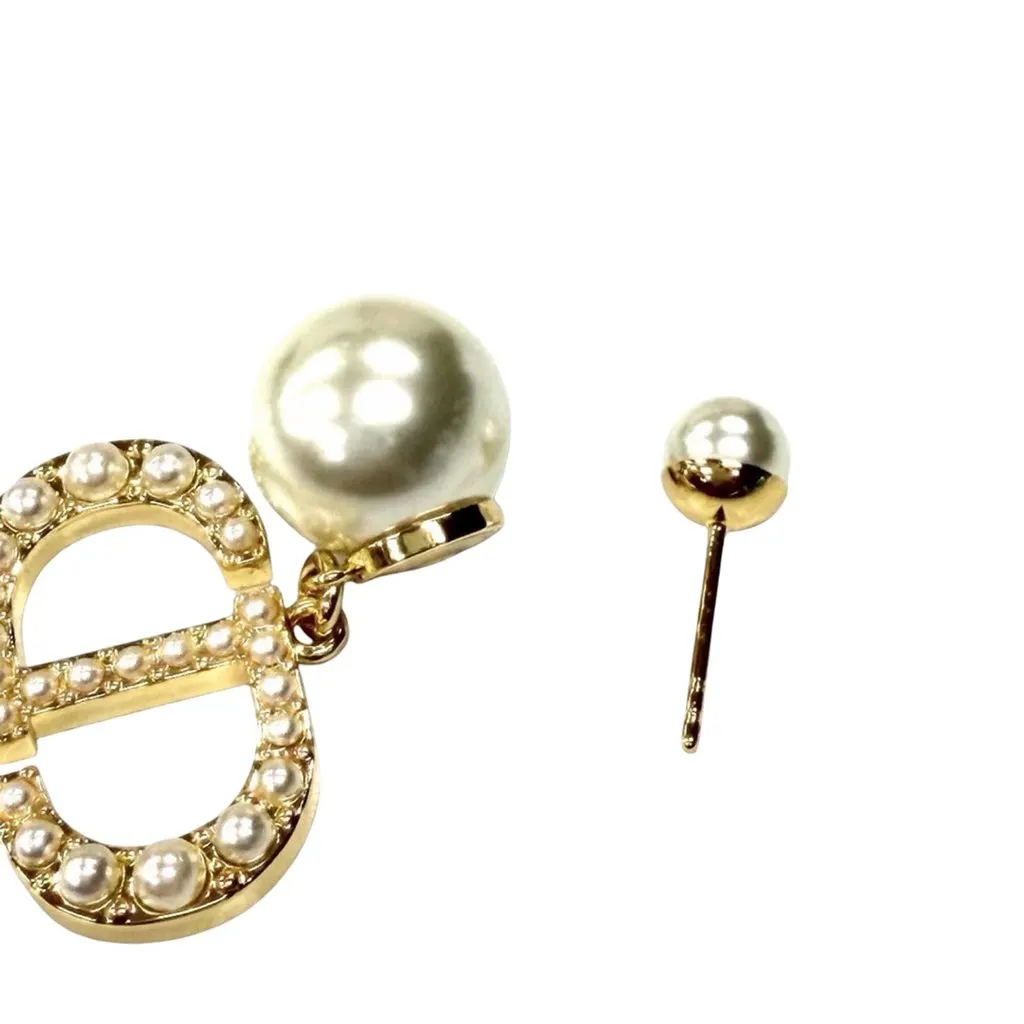 Dior Gold Plated Faux Pearl Tribales Push Back Earrings Gold Metal Very good - Box View