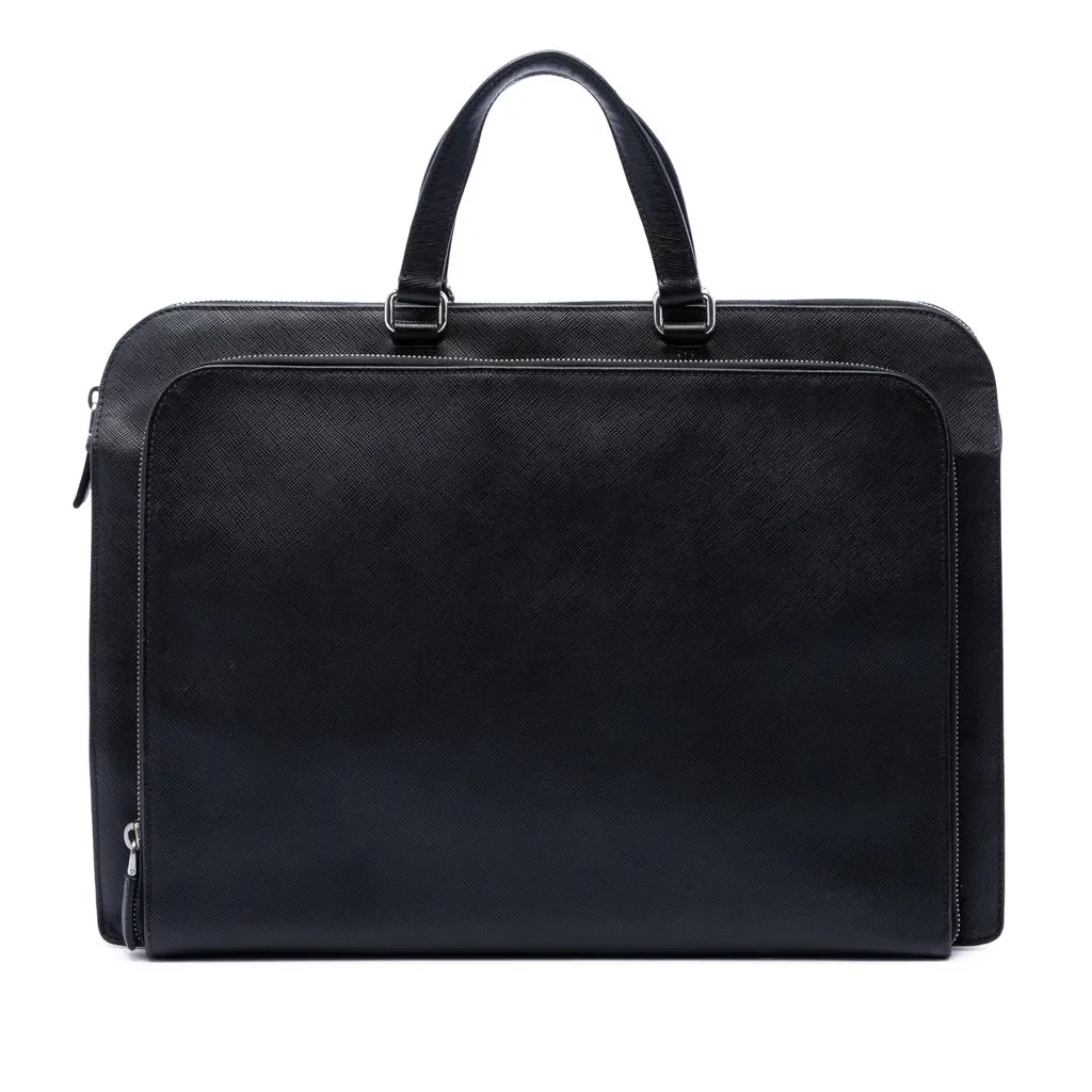 Prada Saffiano Cuir Travel Front Zip Pocket Briefcase Black Leather Very good - Front View