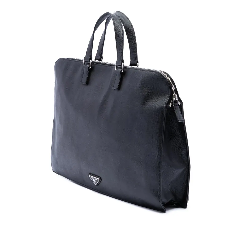 Prada Saffiano Cuir Travel Front Zip Pocket Briefcase Black Leather Very good - Back View