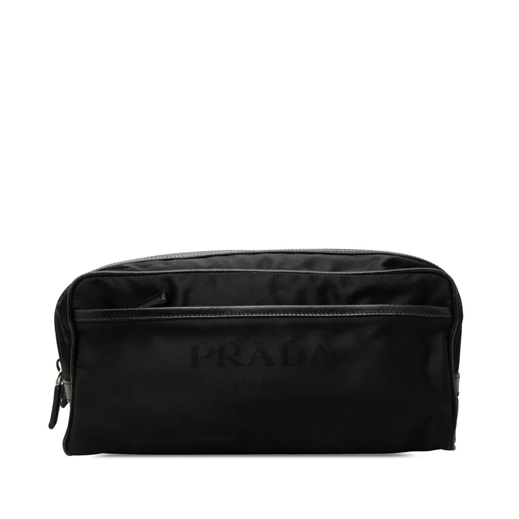 Prada Saffiano Trimmed Re Nylon Travel Pouch Black Very good - Front View