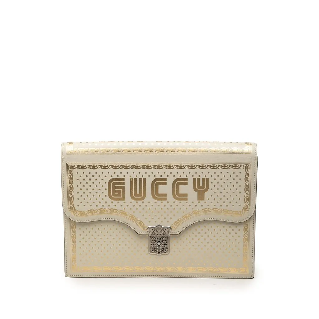 Gucci Guccy Sega Calfskin Portfolio Clutch White Leather Good - Front View