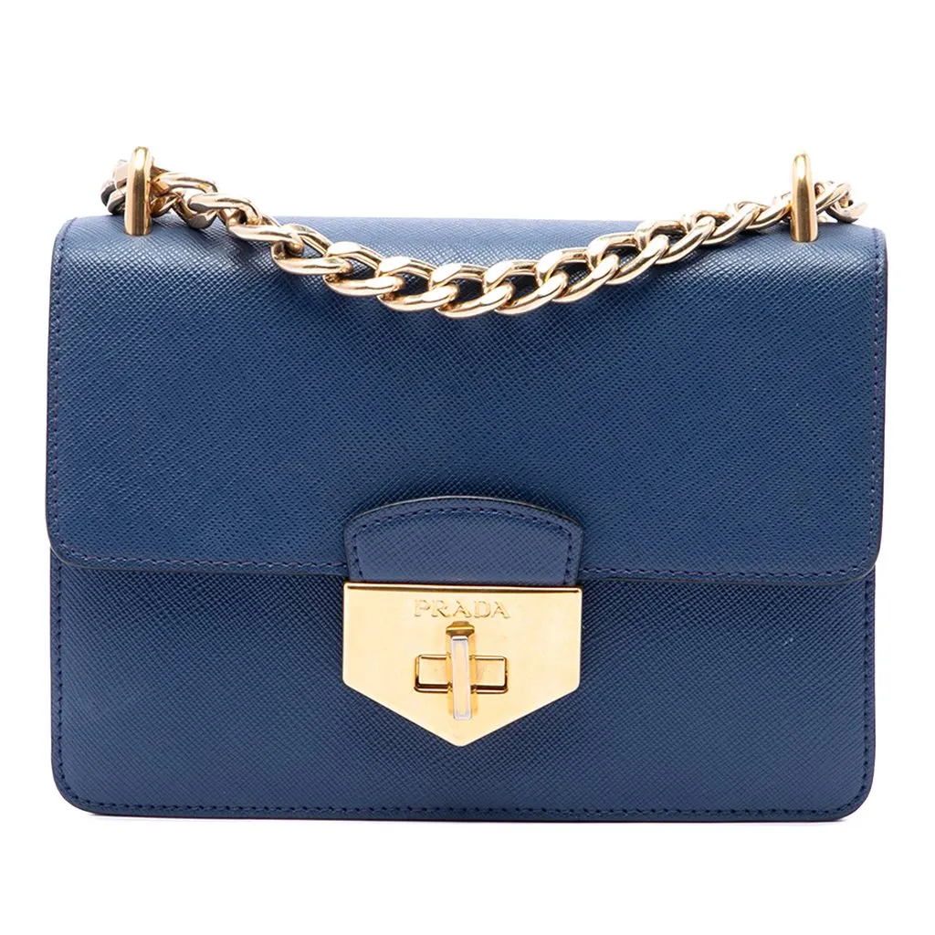 Prada Saffiano Turnlock Chain Crossbody Blue Leather Very good - Front View