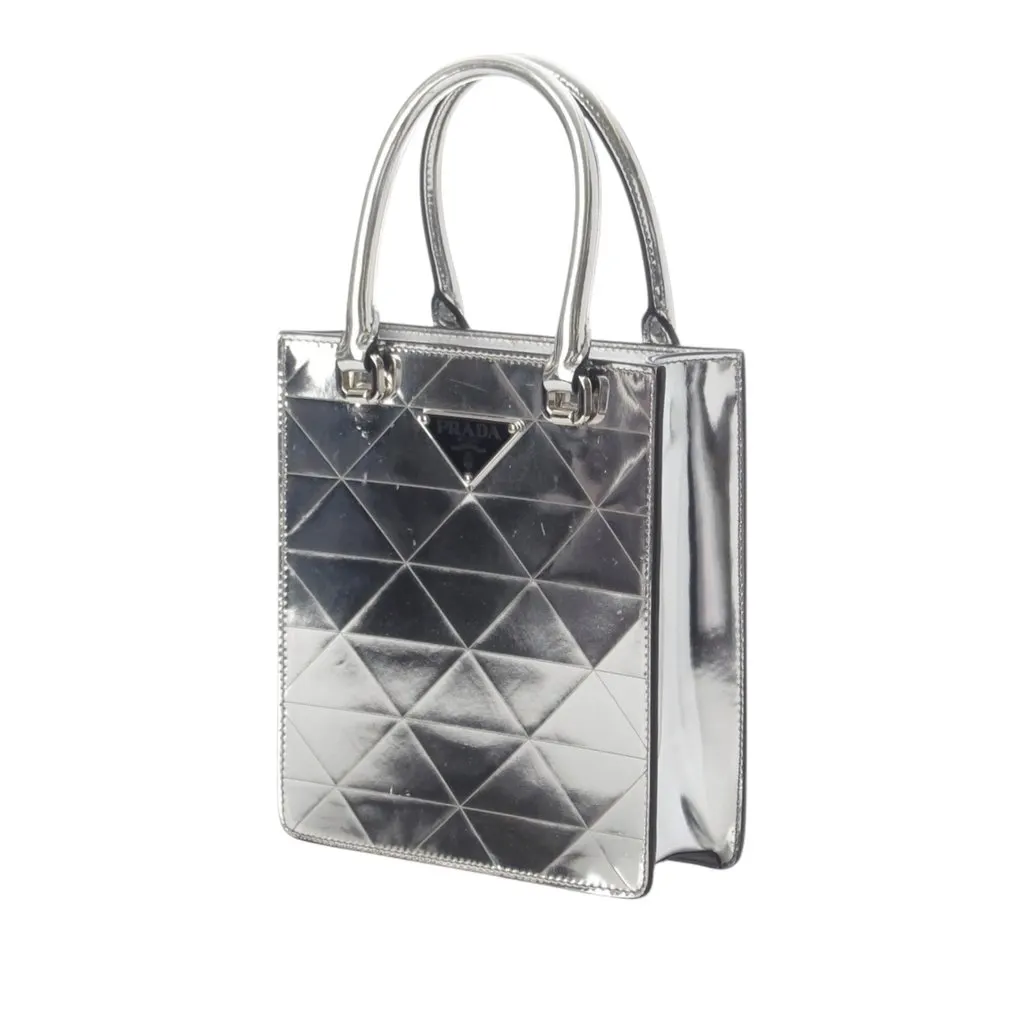 Prada Metallic Spazzolato Leather Triangle Tote Silver Leather Very good - Back View