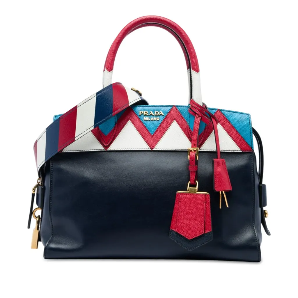 Prada Medium Saffiano Trimmed City Calf Greca Esplanade Satchel Blue Leather Very good - Front View