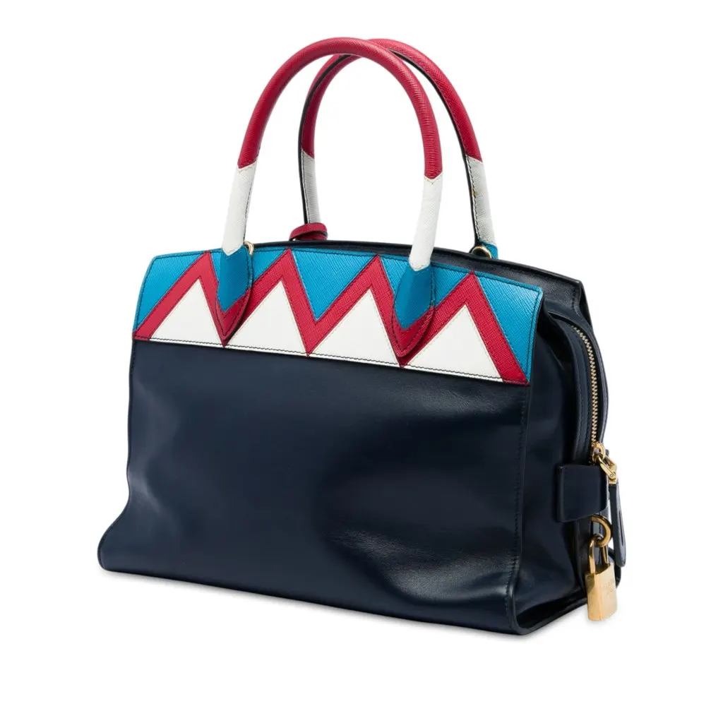 Prada Medium Saffiano Trimmed City Calf Greca Esplanade Satchel Blue Leather Very good - Back View