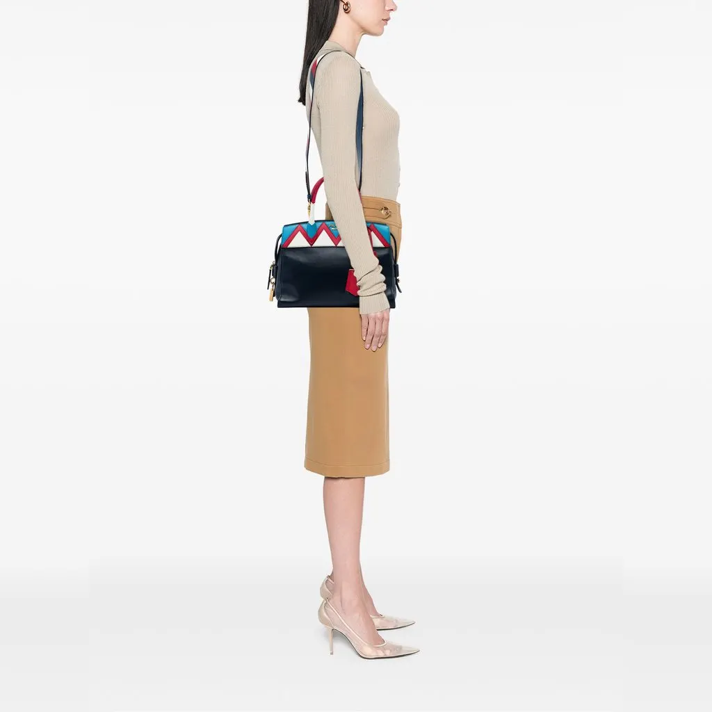 Prada Medium Saffiano Trimmed City Calf Greca Esplanade Satchel Blue Leather Very good - Box View