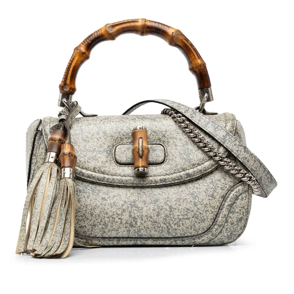 Gucci Medium Speckled Calfskin New Bamboo Top Handle Bag Grey Leather Good - Front View