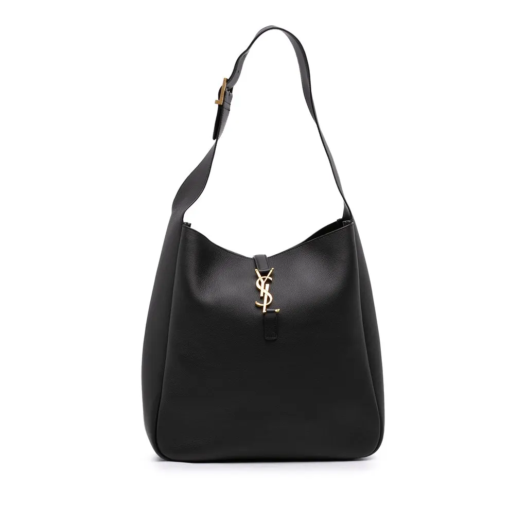Saint Laurent Large Grained Calfskin Supple Le 5 a 7 Soft Hobo Black Leather Good - Front View