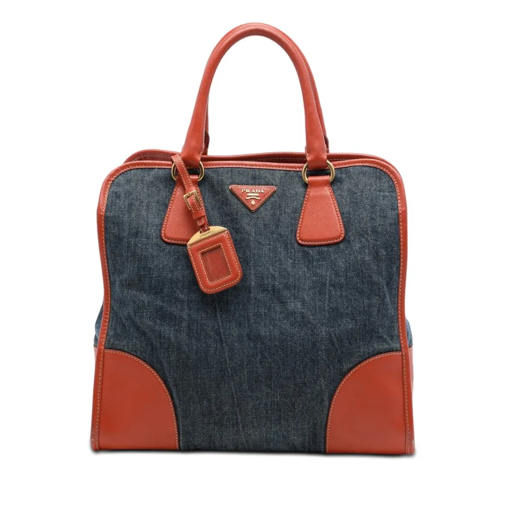 Prada Saffiano Trimmed Denim Open Convertible Tote Blue Very good - Front View