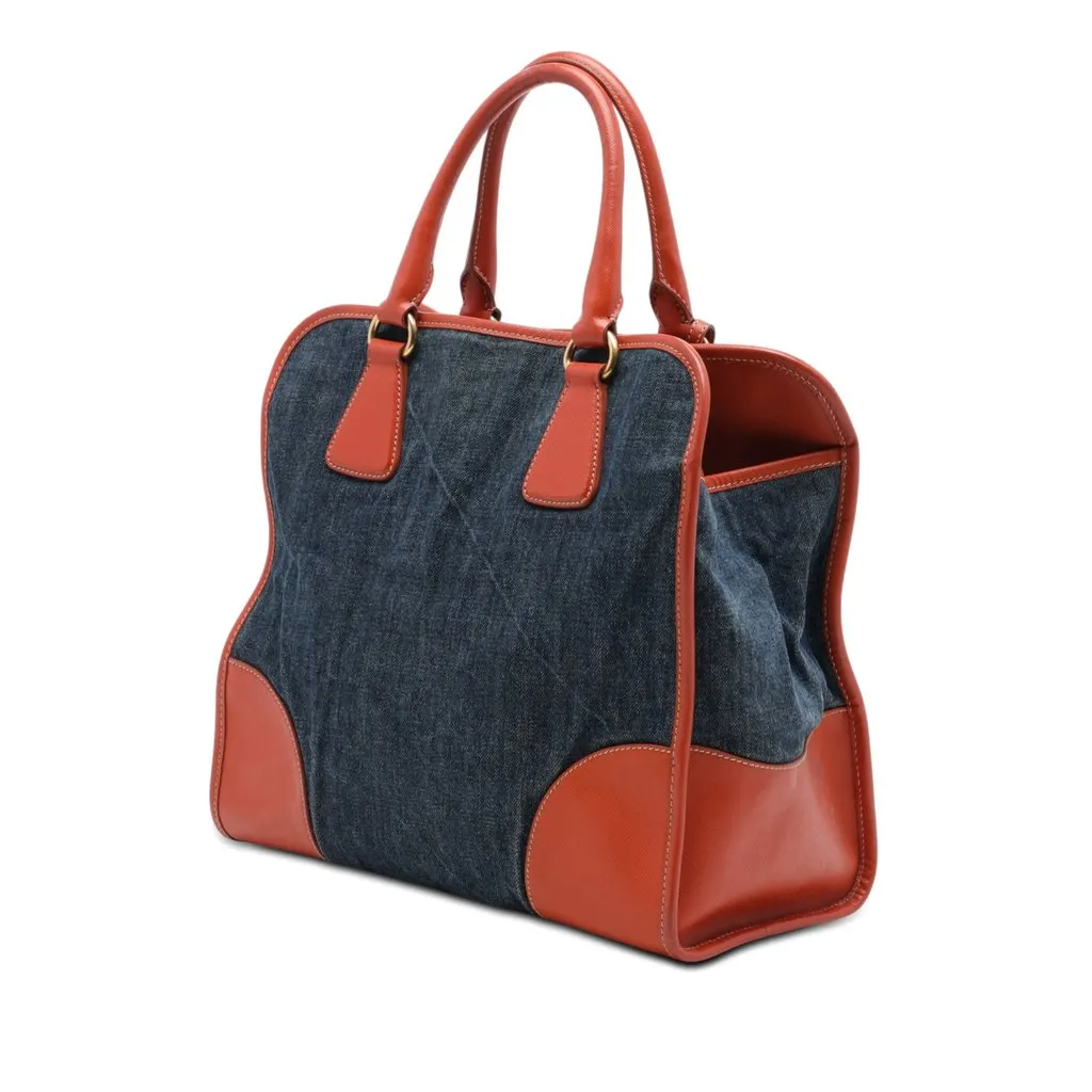 Prada Saffiano Trimmed Denim Open Convertible Tote Blue Very good - Back View