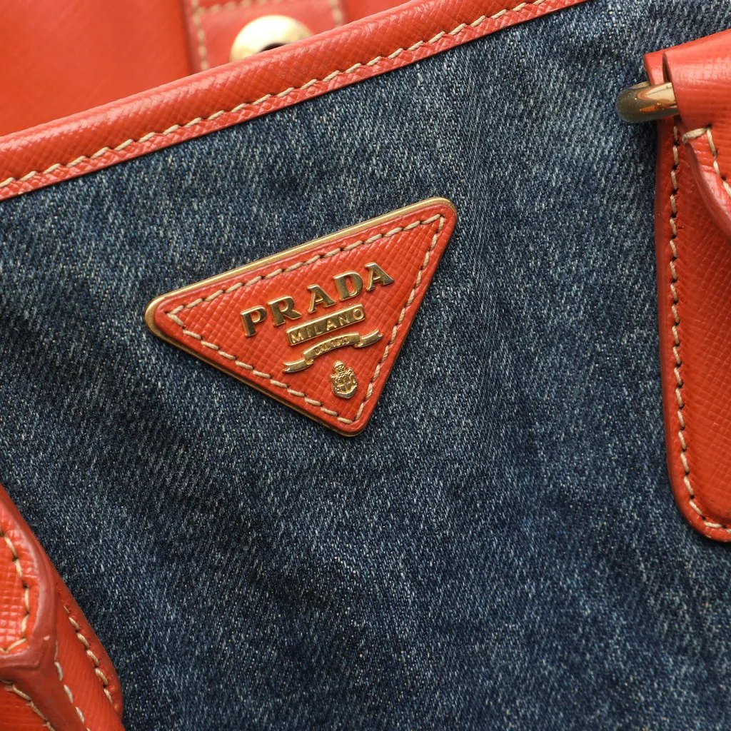 Prada Saffiano Trimmed Denim Open Convertible Tote Blue Very good - Box View