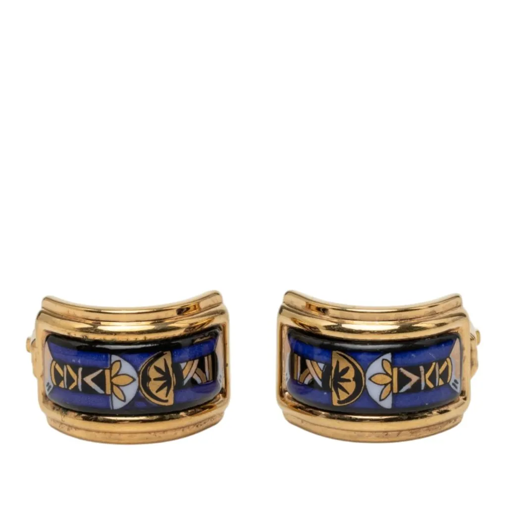 Hermès Gold Plated Enamel Cloisonne Clip On Earrings Blue Very good - Front View