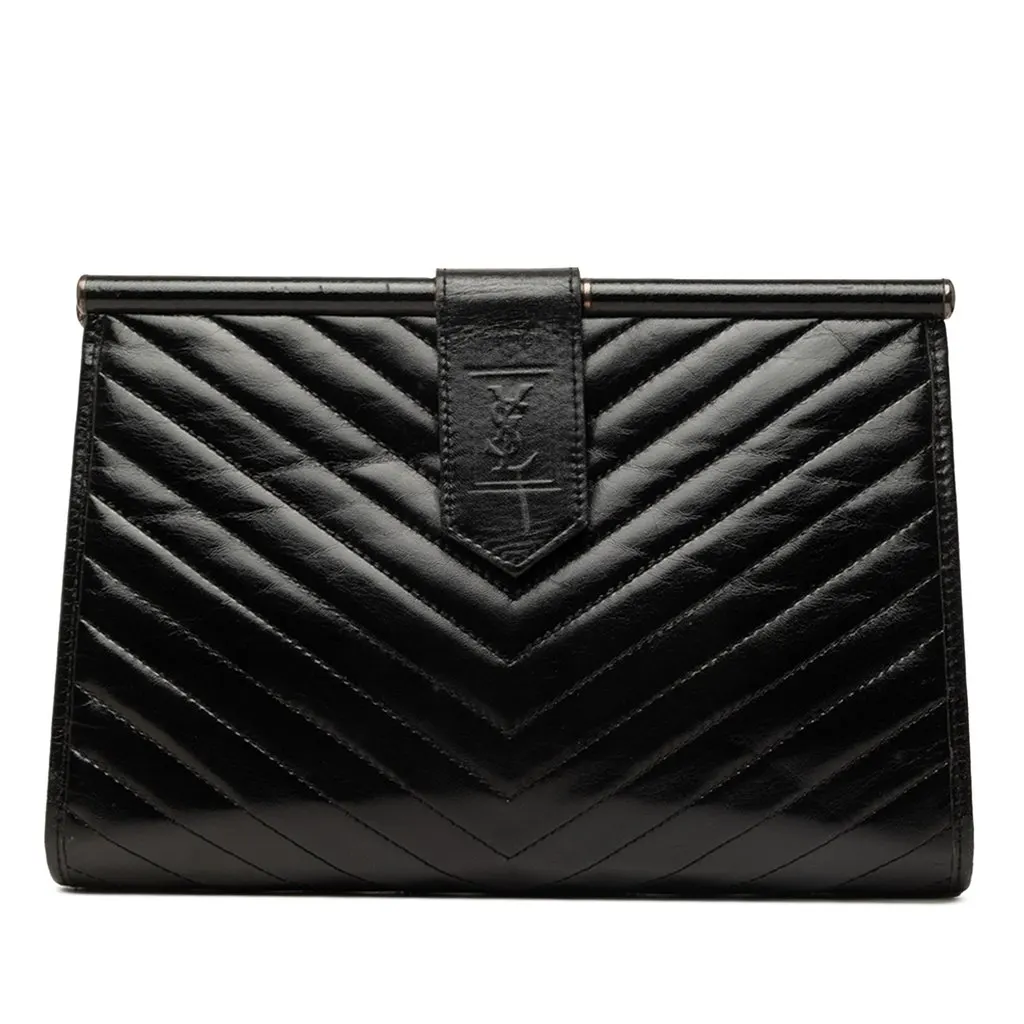 Saint Laurent Chevron Calfskin Monogram Frame Clutch Black Leather Good - Front View