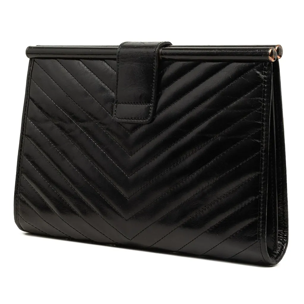 Saint Laurent Chevron Calfskin Monogram Frame Clutch Black Leather Good - Back View