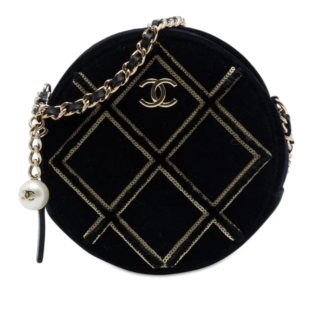 Chanel Velvet Pearl Sequin Round Crossbody Black Very good - Front View