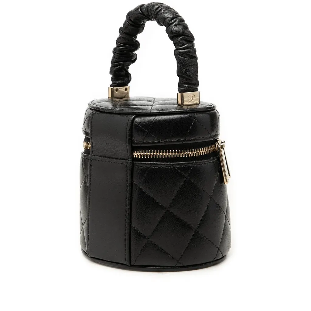 Chanel Mini Quilted Lambskin Ruched Handle Vanity Case Black Leather Very good - Back View