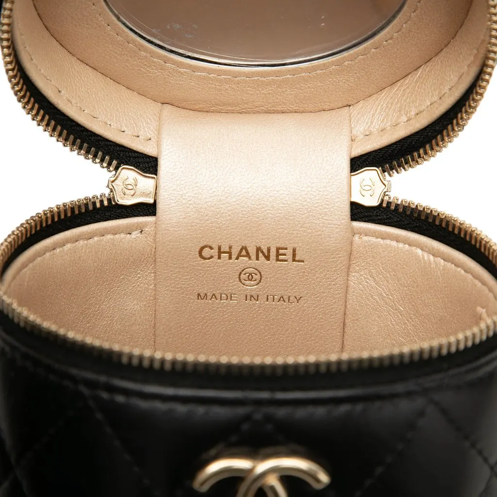 Chanel Mini Quilted Lambskin Ruched Handle Vanity Case Black Leather Very good - Box View