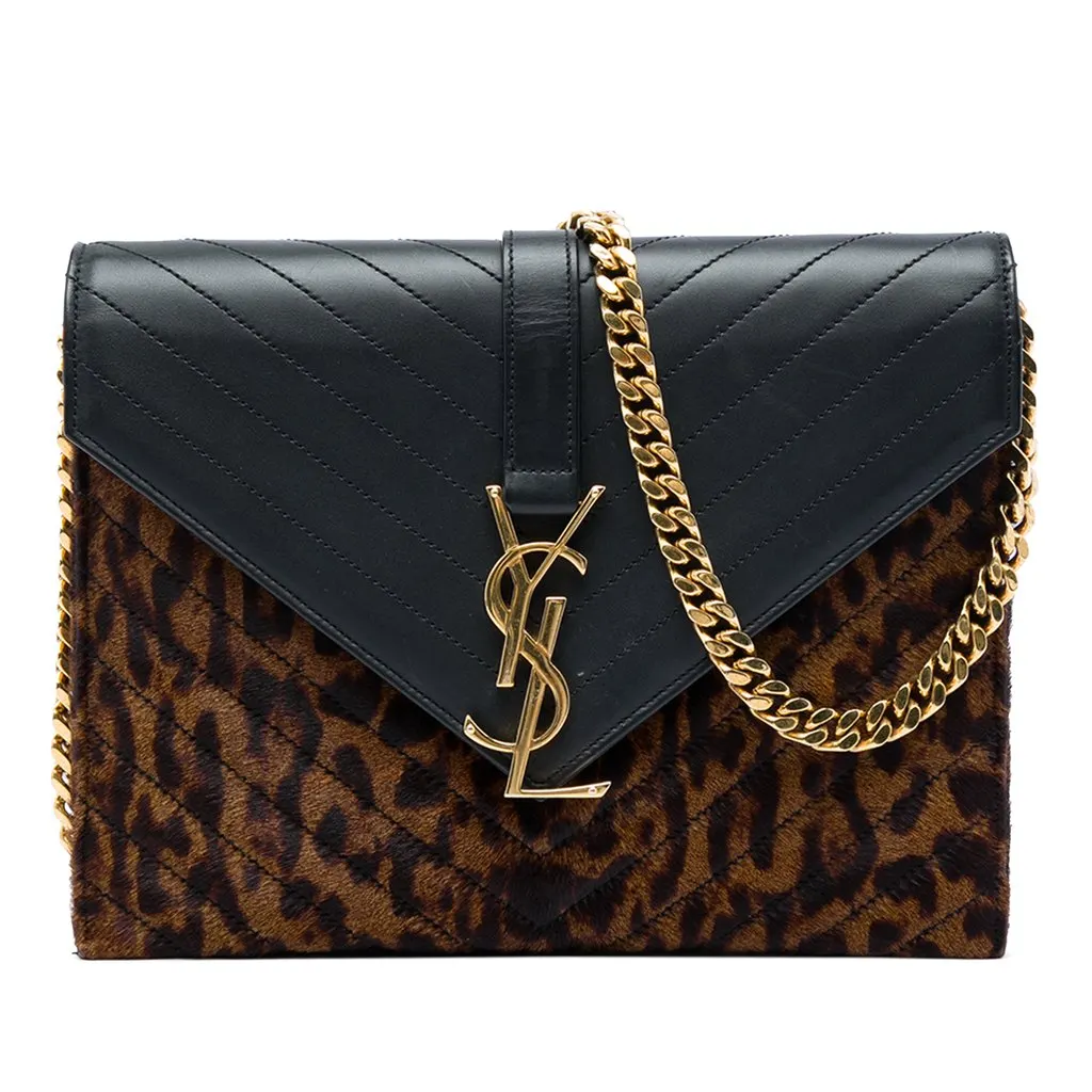 Saint Laurent Chevron Calfskin and Leopard Printed Calf Hair Classic Monogram Envelope Crossbody Brown Leather Good - Front View