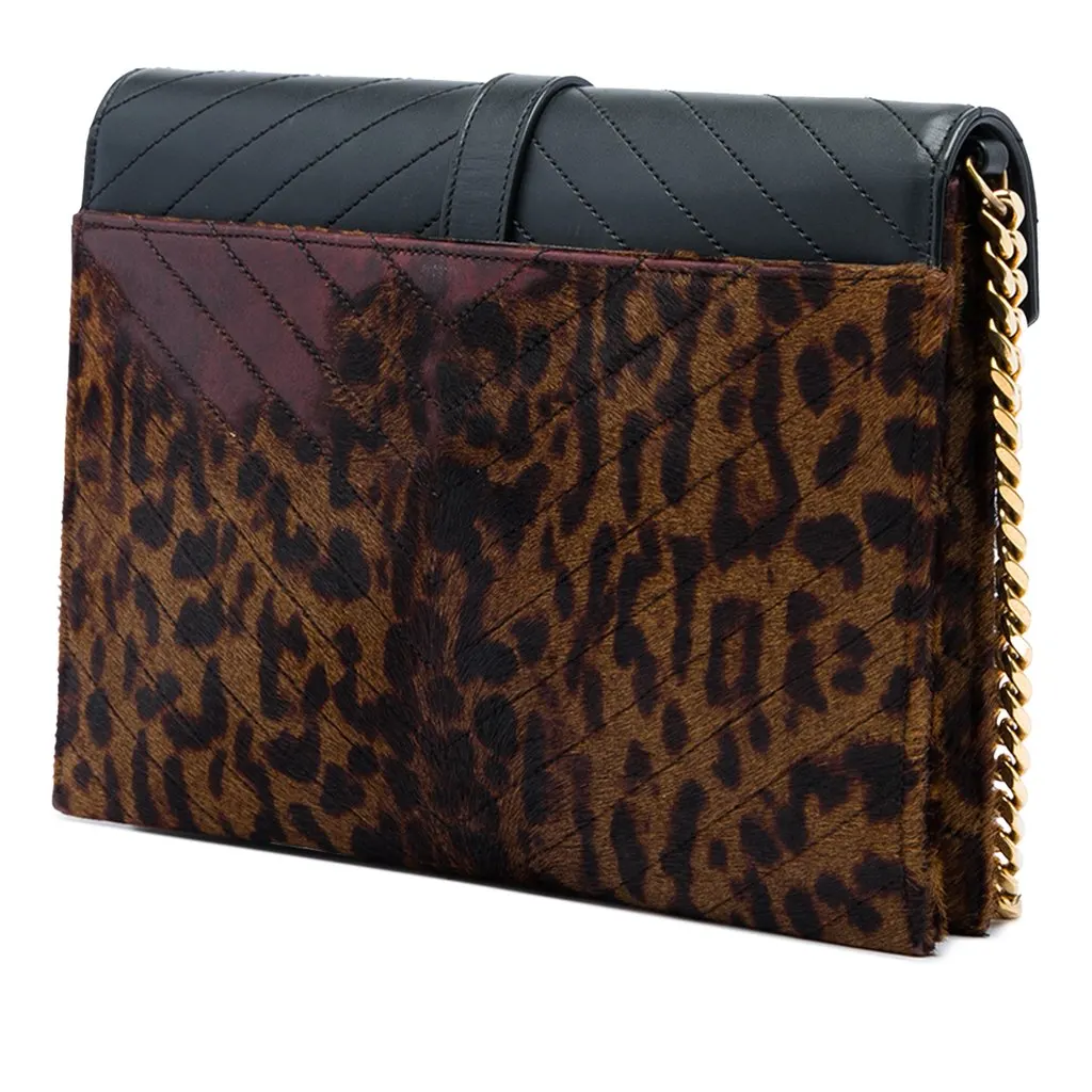 Saint Laurent Chevron Calfskin and Leopard Printed Calf Hair Classic Monogram Envelope Crossbody Brown Leather Good - Back View