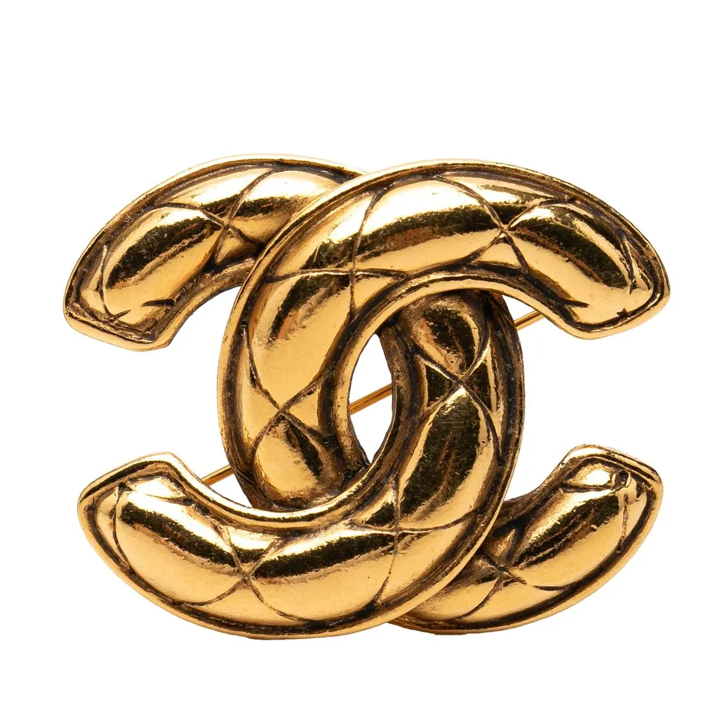 Chanel CC Gold Plated Quilted Brooch Gold Metal Very good - Front View