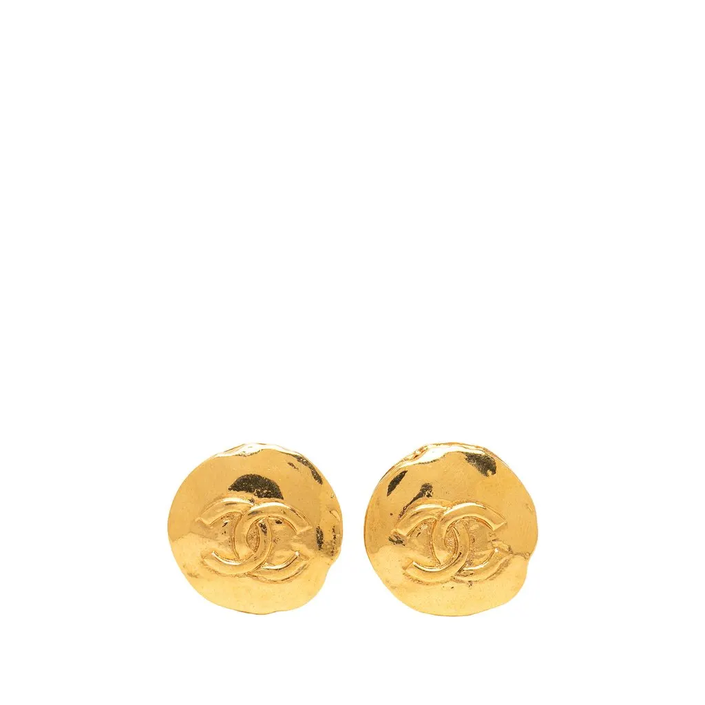 Chanel CC Gold Plated Button Clip On Earrings Gold Metal Very good - Front View