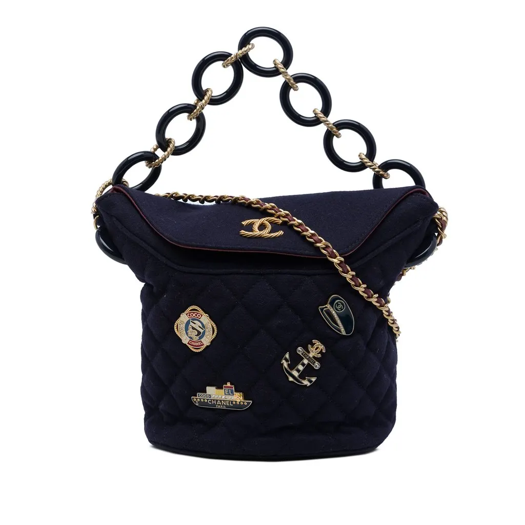 Chanel Paris Hamburg Quilted Wool Charms Bucket Bag Blue Wool Very good - Front View