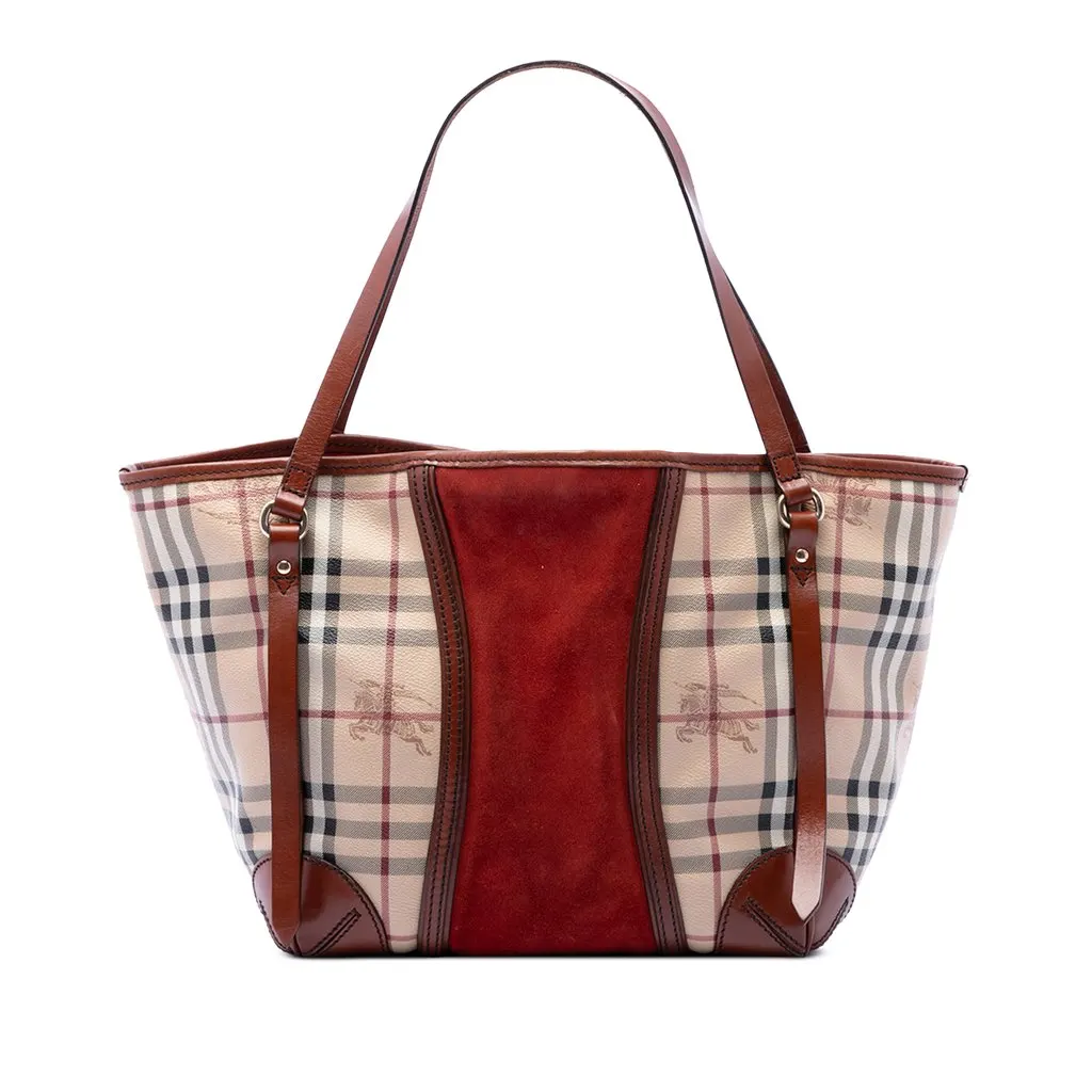 Burberry Small Suede Trimmed Haymarket Check Coated Canvas Canterbury Tote Beige Very good - Front View