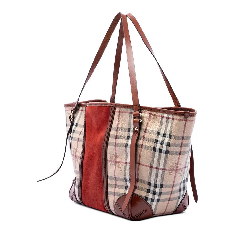 Burberry Small Suede Trimmed Haymarket Check Coated Canvas Canterbury Tote Beige Very good - Back View