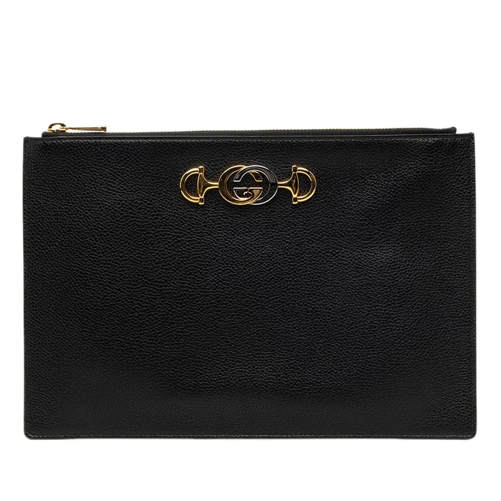 Gucci Grained Calfskin Zumi Zip Pouch Black Leather Very good - Front View