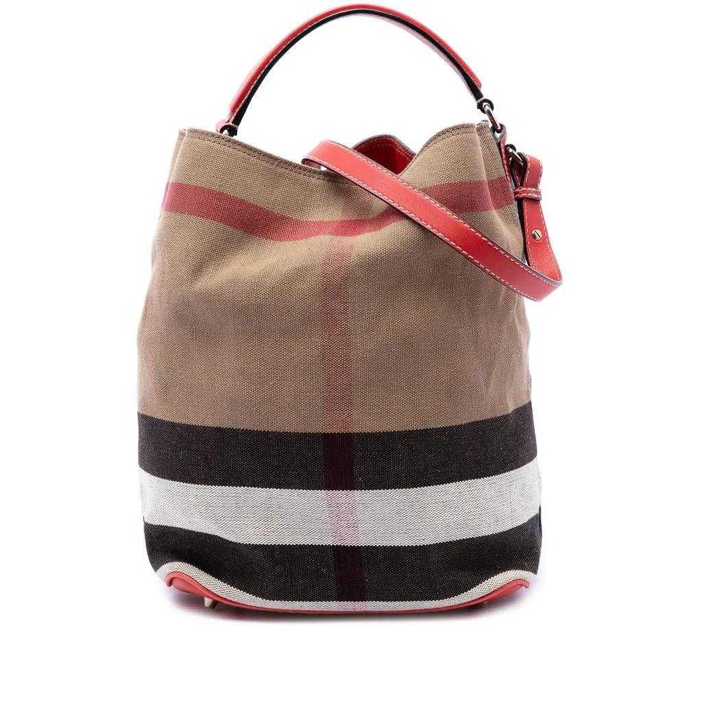 Burberry Medium Mega Check Canvas Ashby Bucket Bag Brown Canvas Very good - Front View