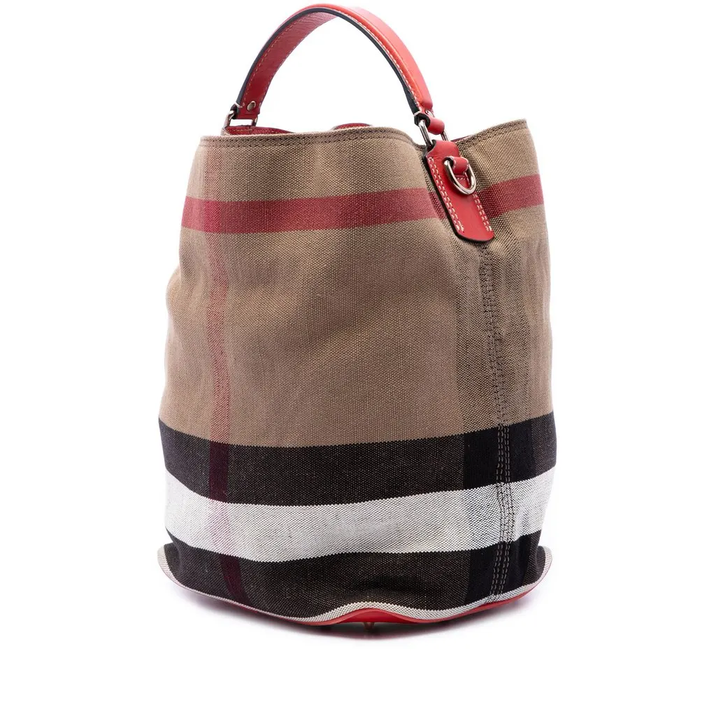 Burberry Medium Mega Check Canvas Ashby Bucket Bag Brown Canvas Very good - Back View