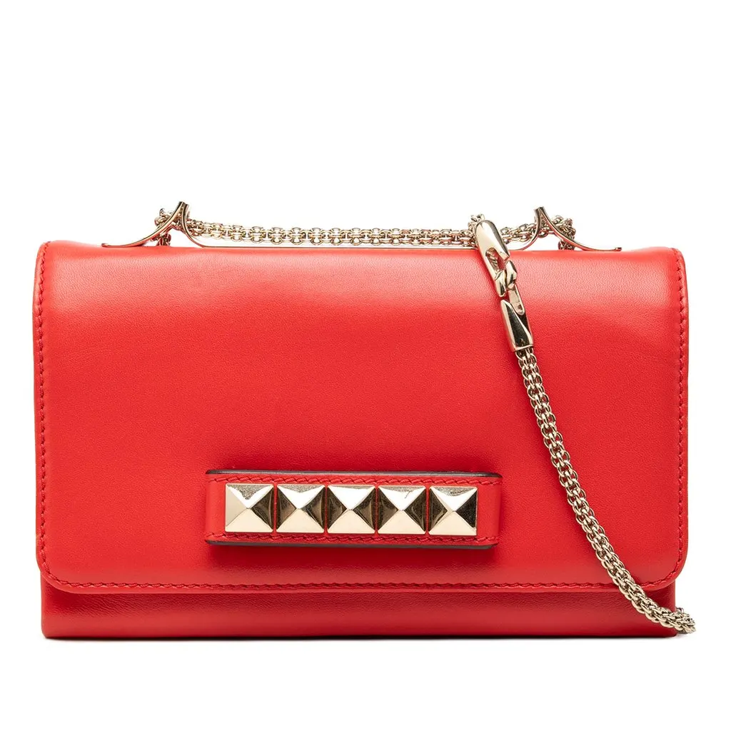 Valentino Leather Rockstud Va Va Voom Clutch on Chain Red Leather Good - Front View