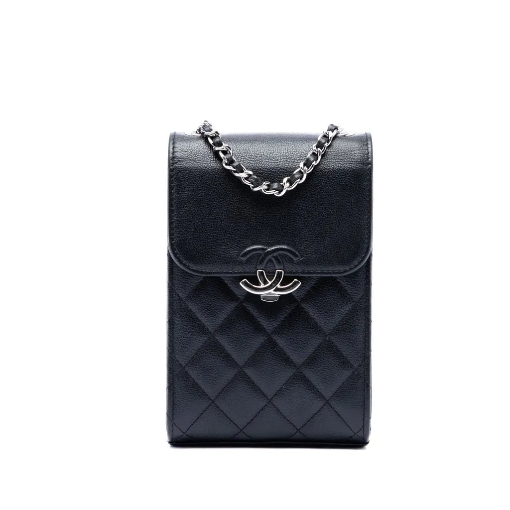Chanel CC Quilted Caviar Phone Holder with Chain Black Leather Very good - Front View