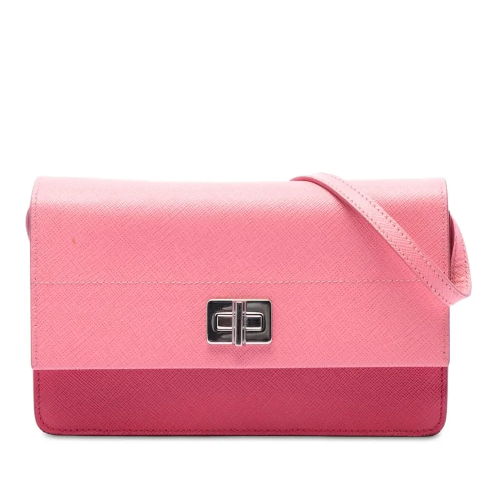 Prada Bicolor Saffiano Turn Lock Wallet on Strap Pink Leather Very good - Front View