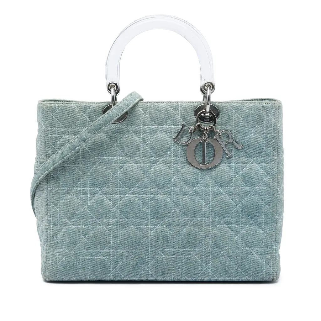 Dior Large Denim Cannage Acrylic Handles Lady Dior Blue Very good - Front View