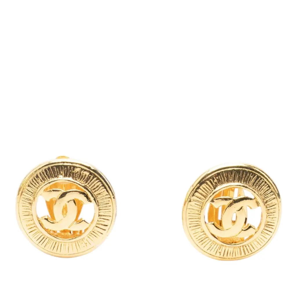 Chanel CC Gold Plated Sunburst Round Clip On Earrings Gold Metal Very good - Front View