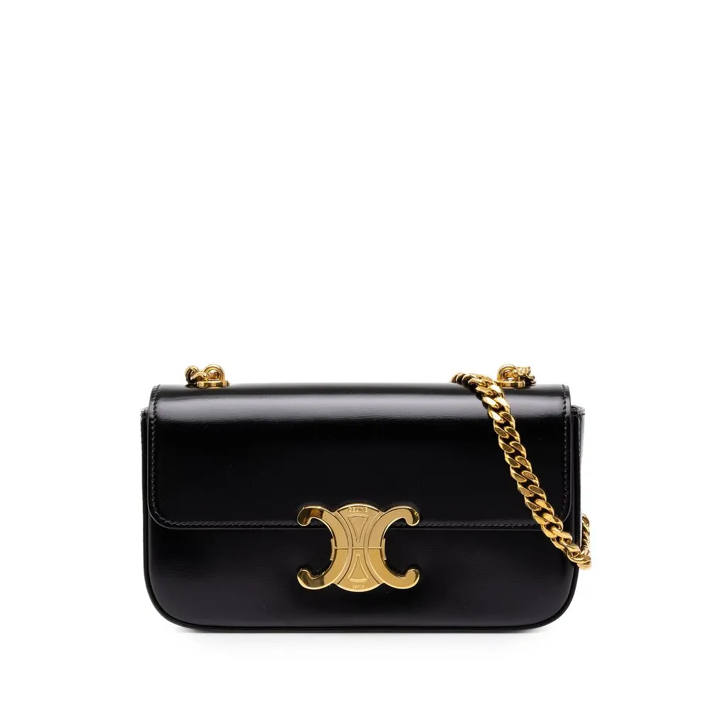 Celine Shiny Calfskin Triomphe Claude Shoulder Bag Black Leather Good - Front View