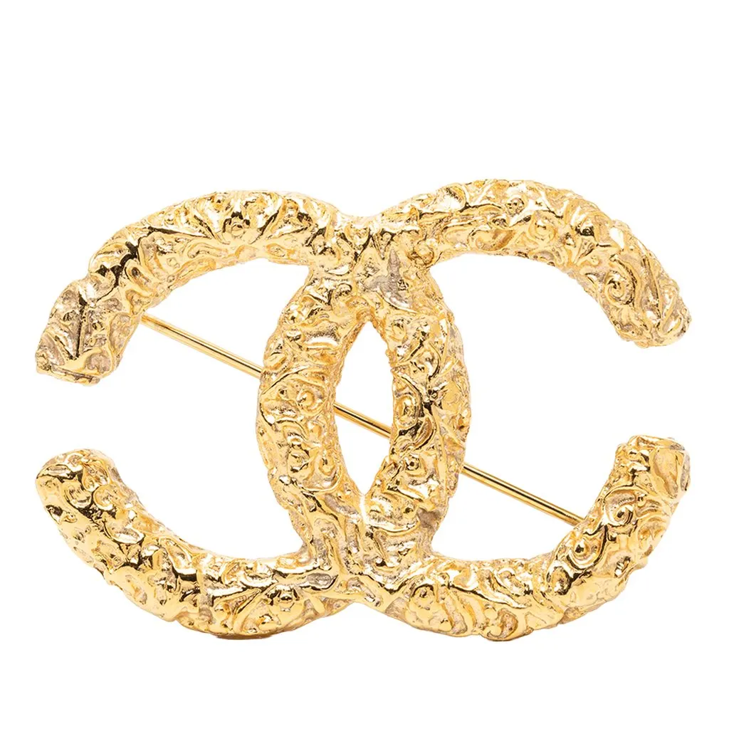 Chanel CC Gold Plated Baroque Embossed Brooch Gold Metal Very good - Front View