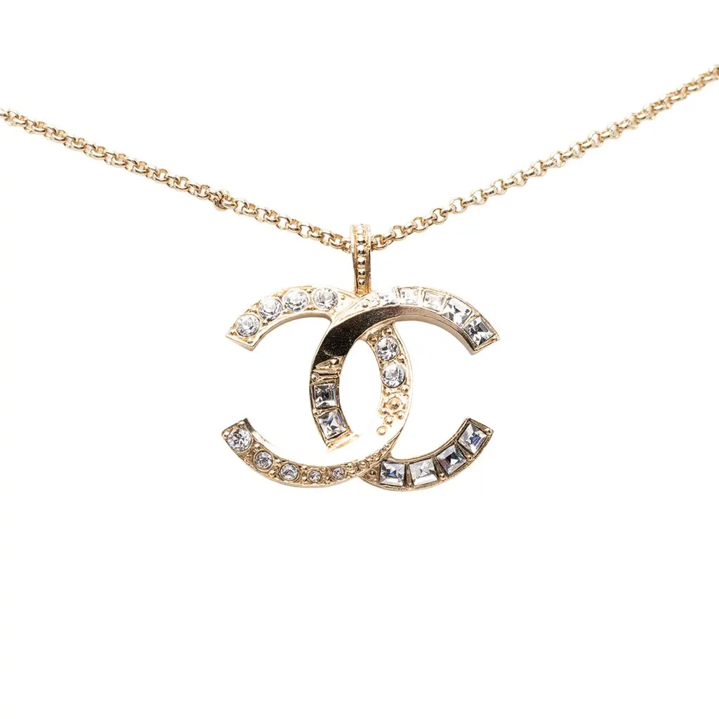 Chanel CC Gold Plated Strass Pendant Necklace Gold Metal Very good - Front View