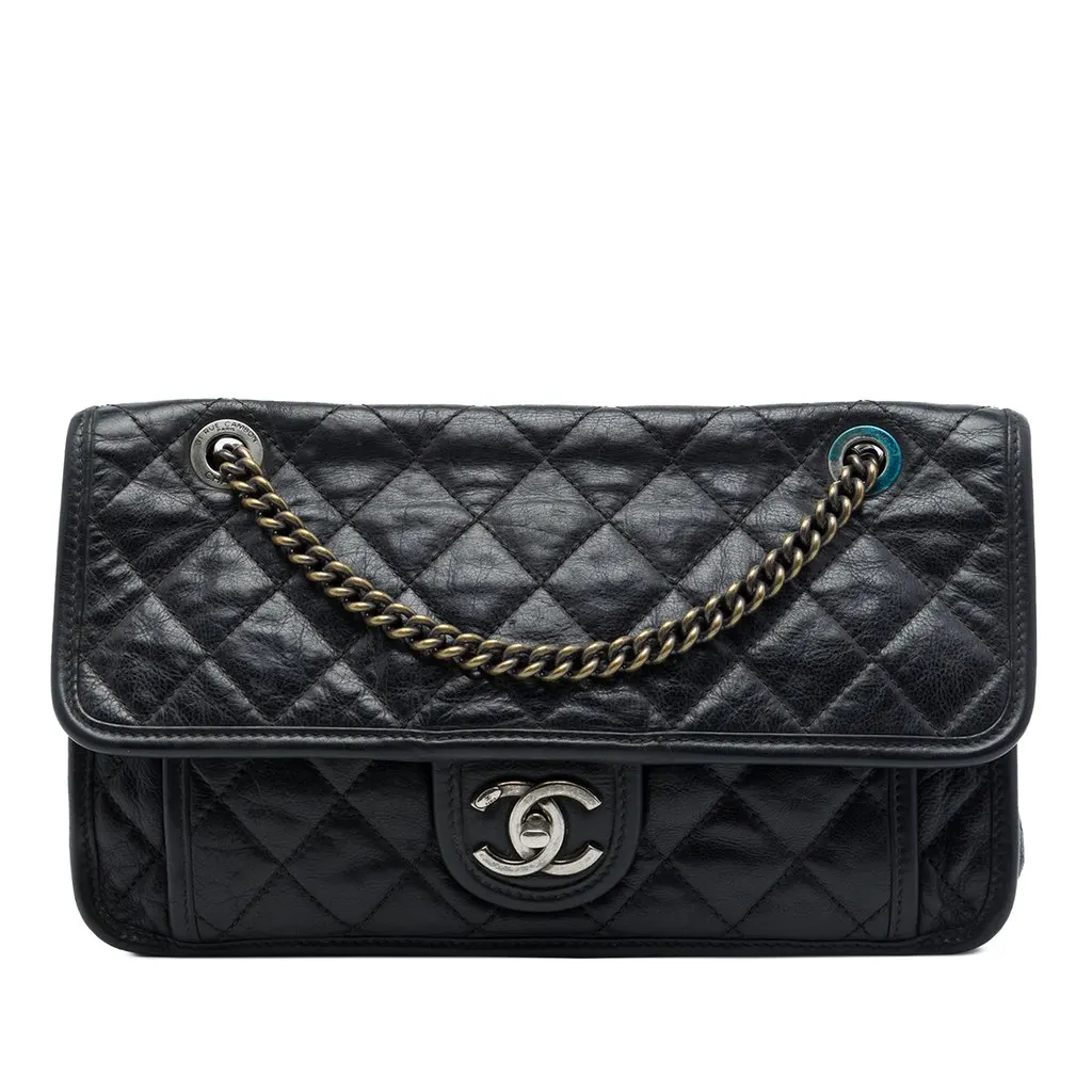 Chanel Medium Quilted Calfskin French Riviera Flap Black Leather Good - Front View