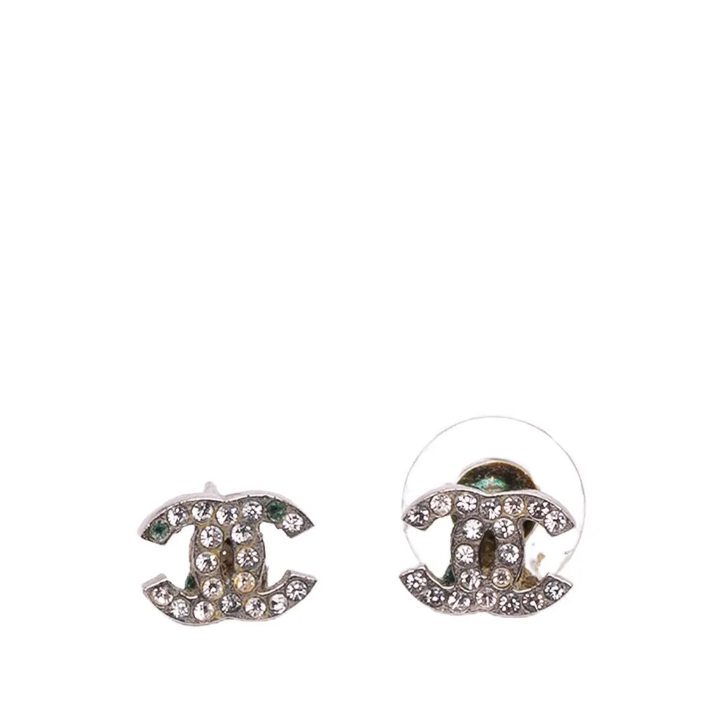 Chanel Silver Rhinestones CC Push Back Earrings Silver Brass Good - Front View