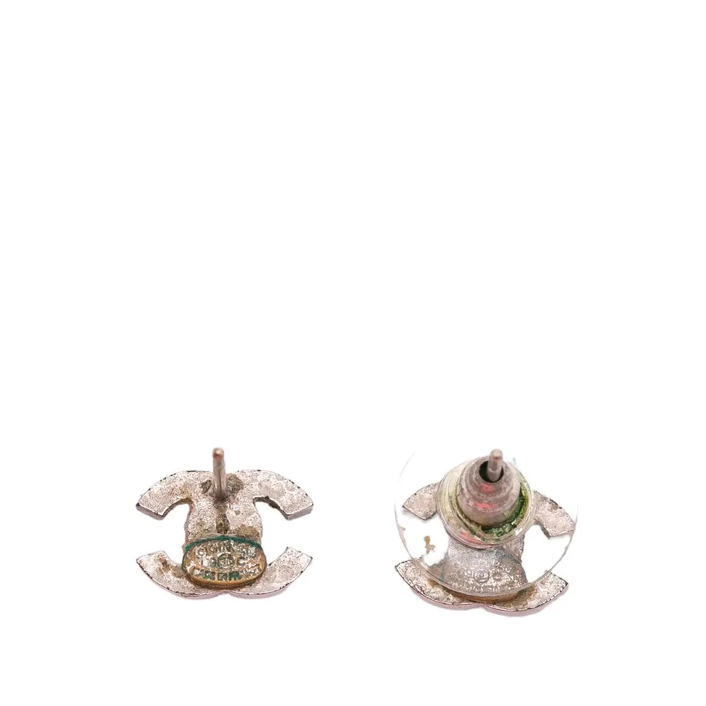 Chanel Silver Rhinestones CC Push Back Earrings Silver Brass Good - Back View