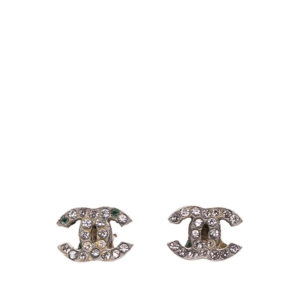 Chanel Silver Rhinestones CC Push Back Earrings Silver Brass Good - Inside View