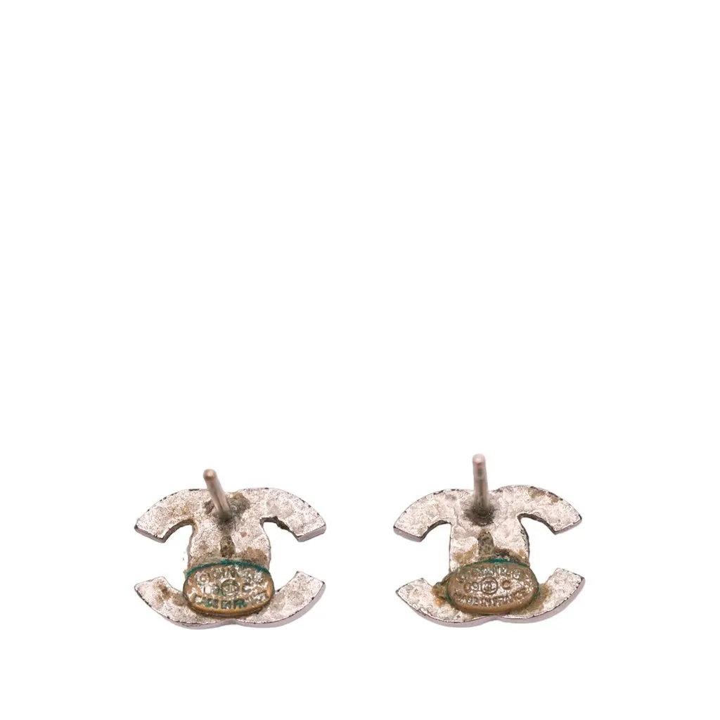 Chanel Silver Rhinestones CC Push Back Earrings Silver Brass Good - Model View