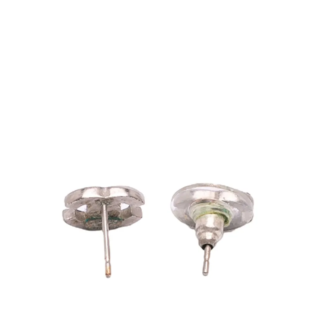 Chanel Silver Rhinestones CC Push Back Earrings Silver Brass Good - Box View