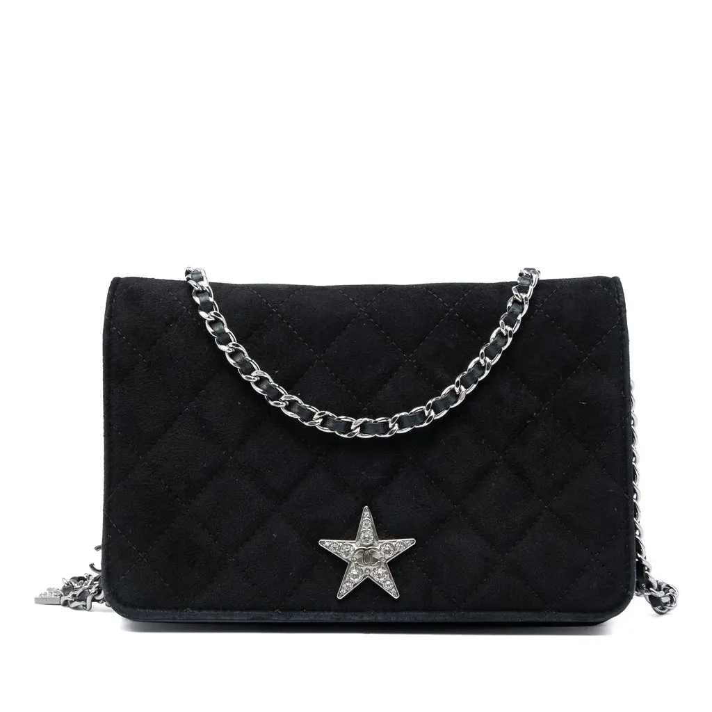 Chanel Quilted Suede Cocostellar Wallet on Chain Black Leather Very good - Front View