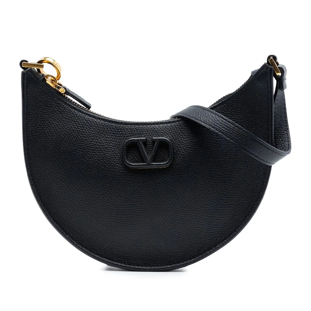 Valentino Mini Grainy Calfskin VLogo Hobo Black Leather Very good - Front View